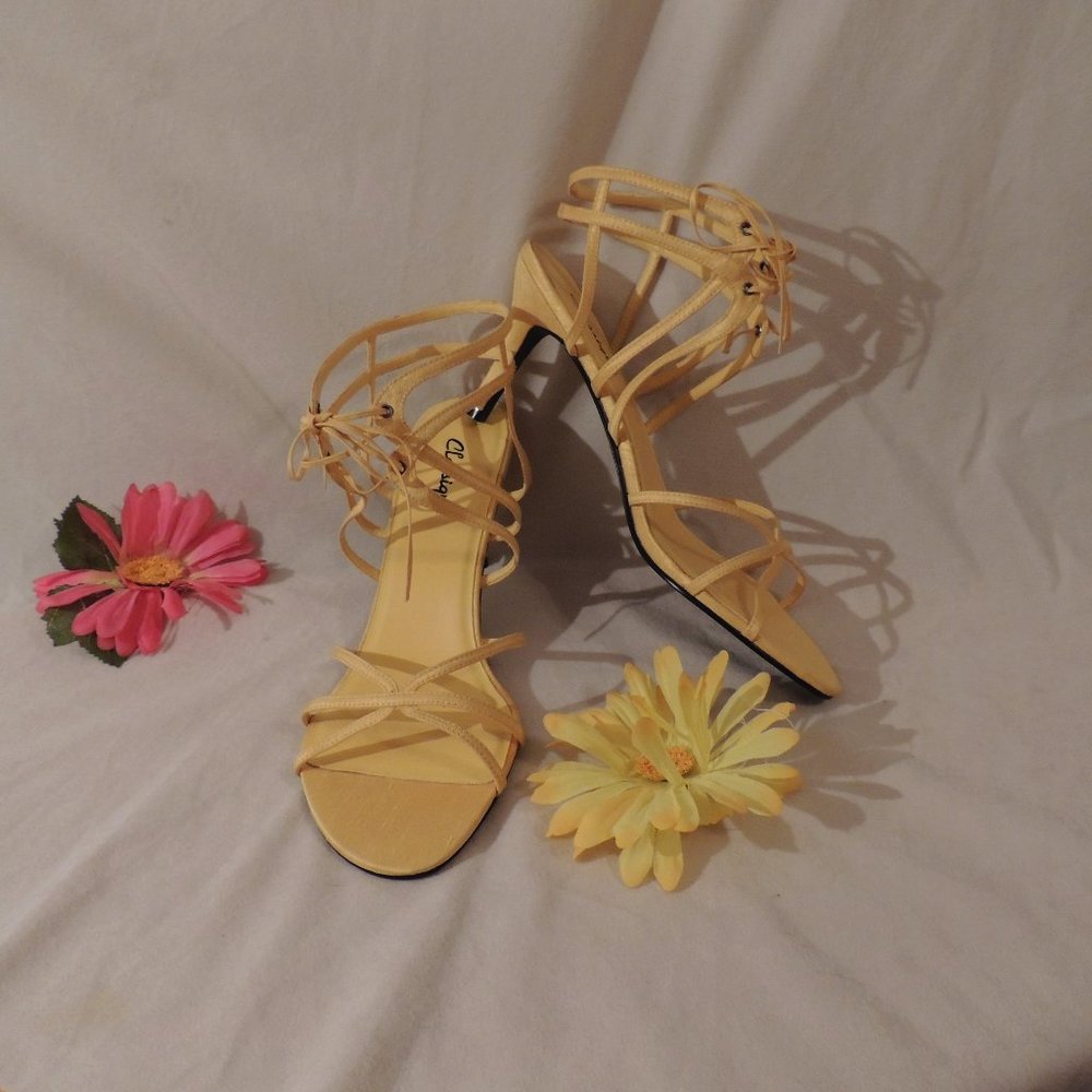 Classique Yellow Silk Ankle Wrap Heeled Sandals
